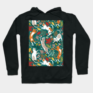 Autumn joy // pattern // pine green background cats dancing with many leaves in fall colors Hoodie